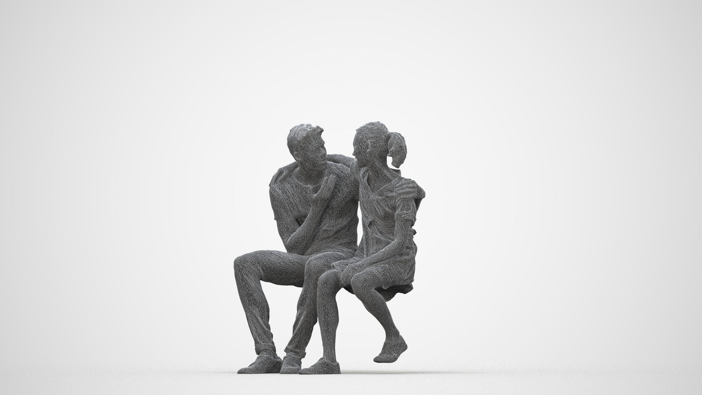 scanned 3D girl casual couple, photogrammetry people for Enscape and V-Ray, wireframe back view