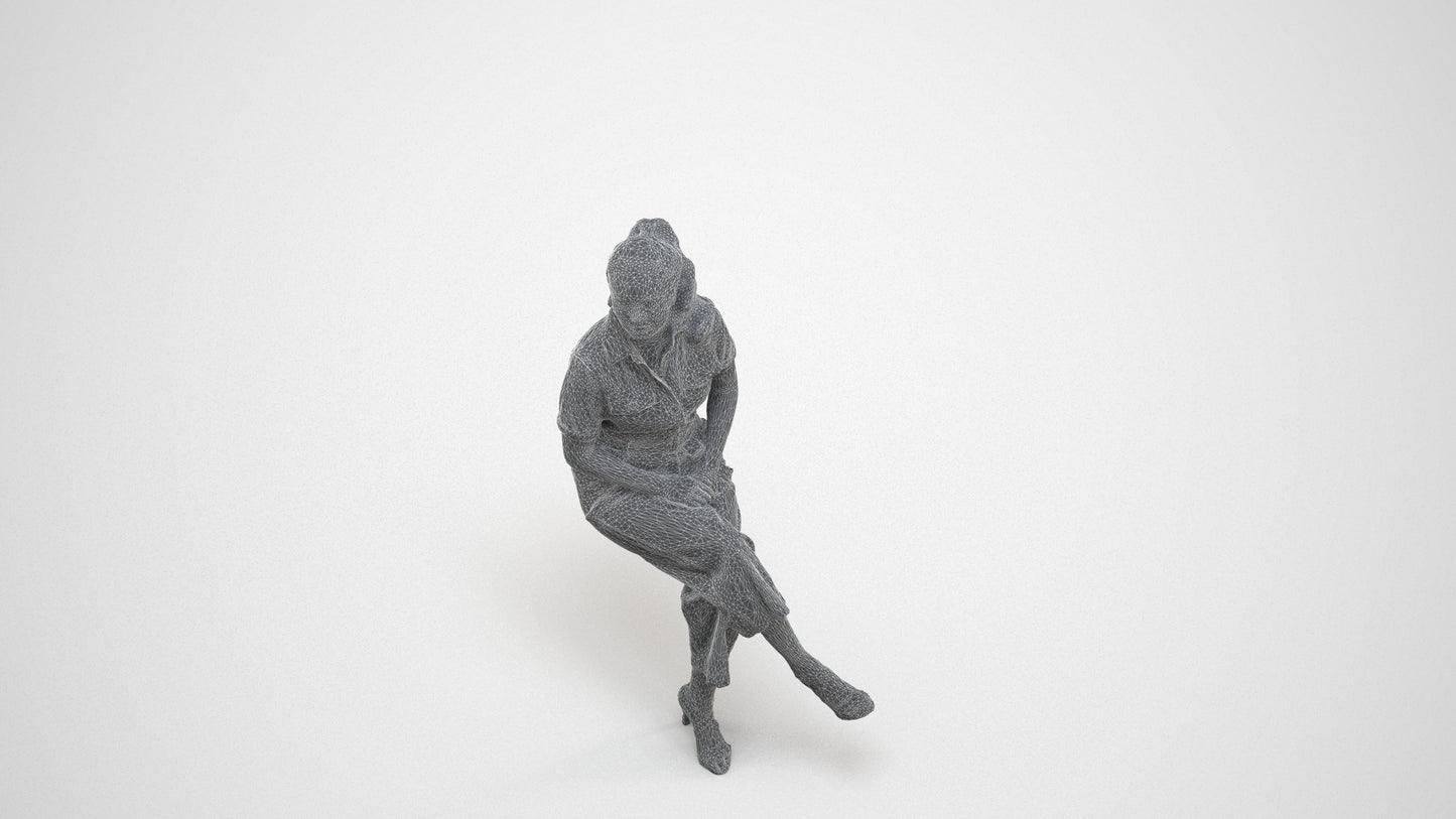 3D scanned woman sitting formal, photorealistic archviz people for Enscape and SketchUp, wireframe three-quarter view