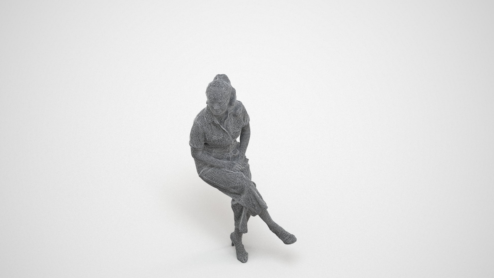 3D scanned woman sitting formal, photorealistic archviz people for Enscape and SketchUp, wireframe three-quarter view