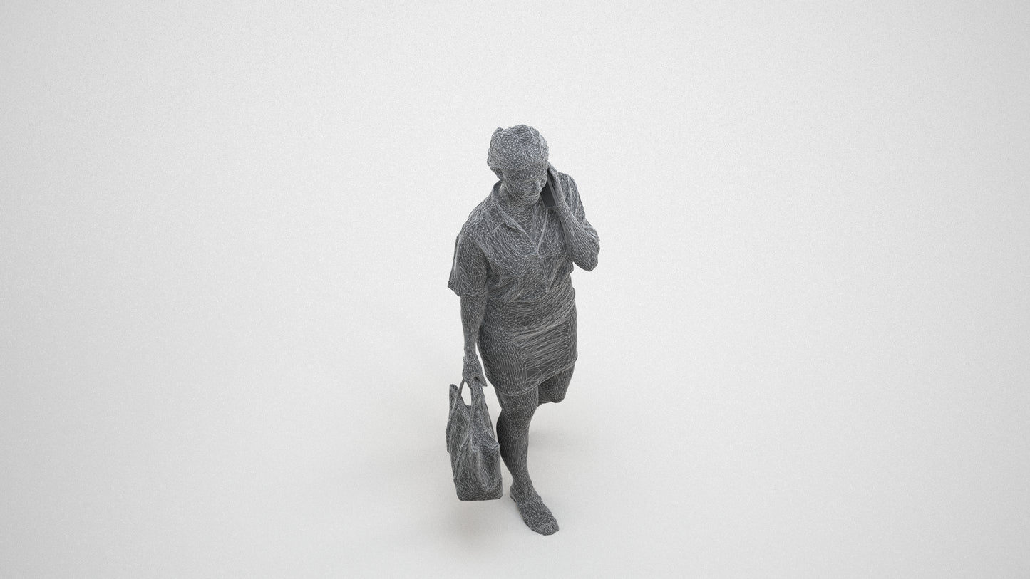 3D scanned woman shopping casual, photorealistic archviz people for Enscape and SketchUp, wireframe three-quarter view