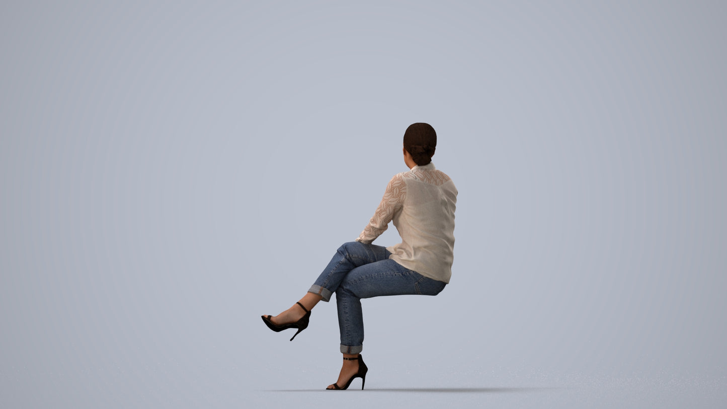 3D people model woman casual sitting, scanned human for 3ds Max rendering, three-quarter view render
