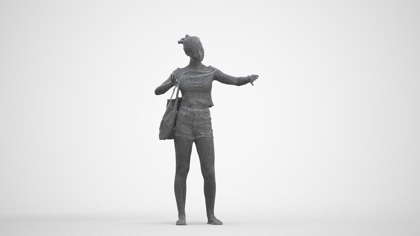 3D scanned girl standing casual, photorealistic archviz people for Enscape and SketchUp, three-quarter front view render