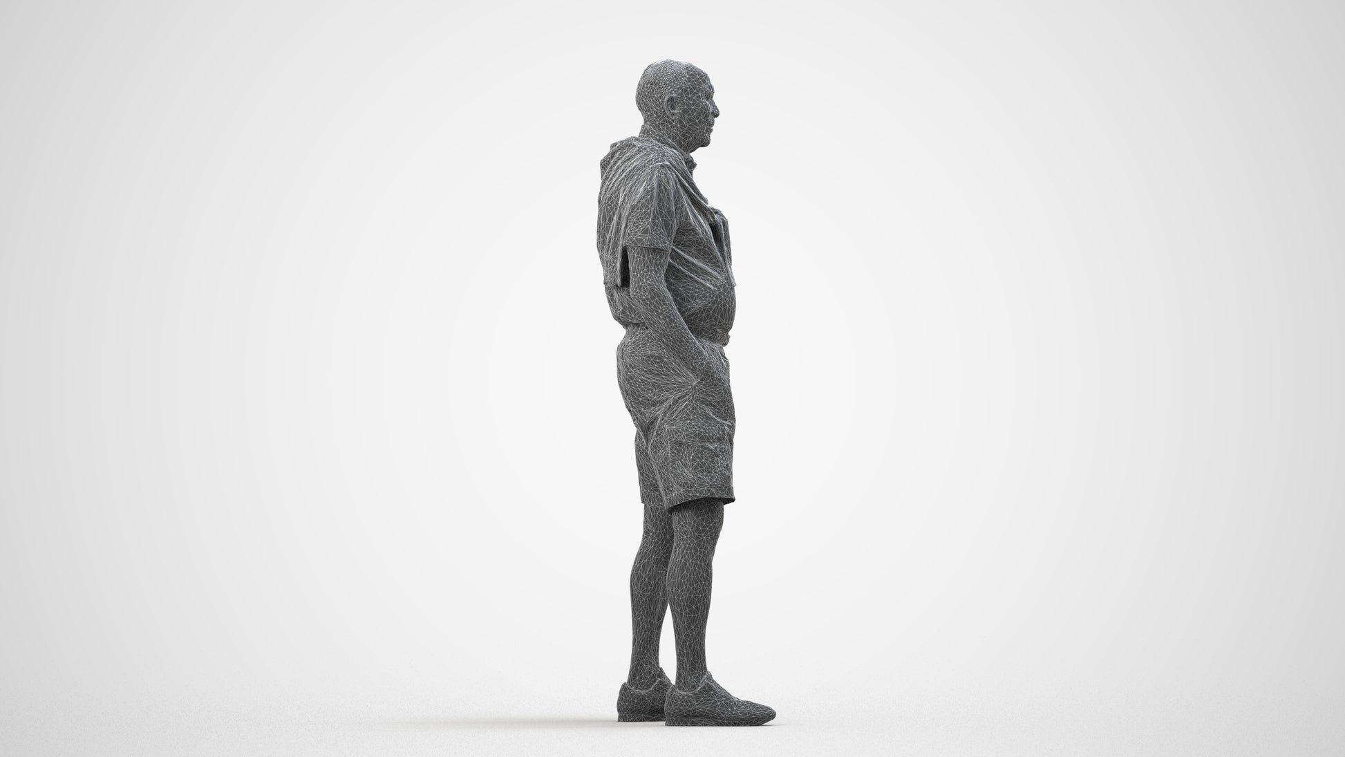 photogrammetry 3D senior man casual standing, realistic human model archviz FBX, wireframe side view