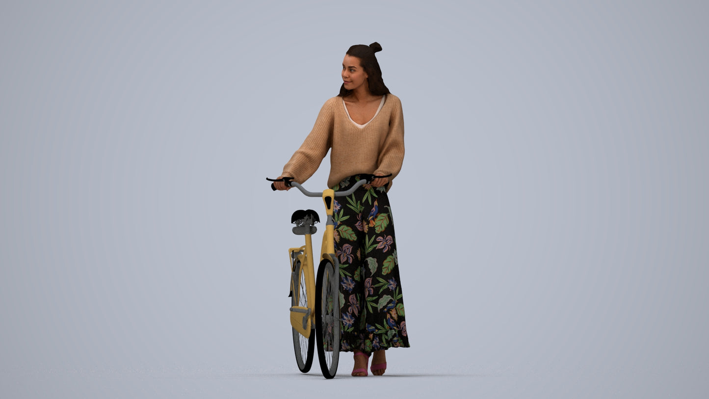 realistic 3D human woman casual cycling, archviz people FBX OBJ for Blender, top-down view render