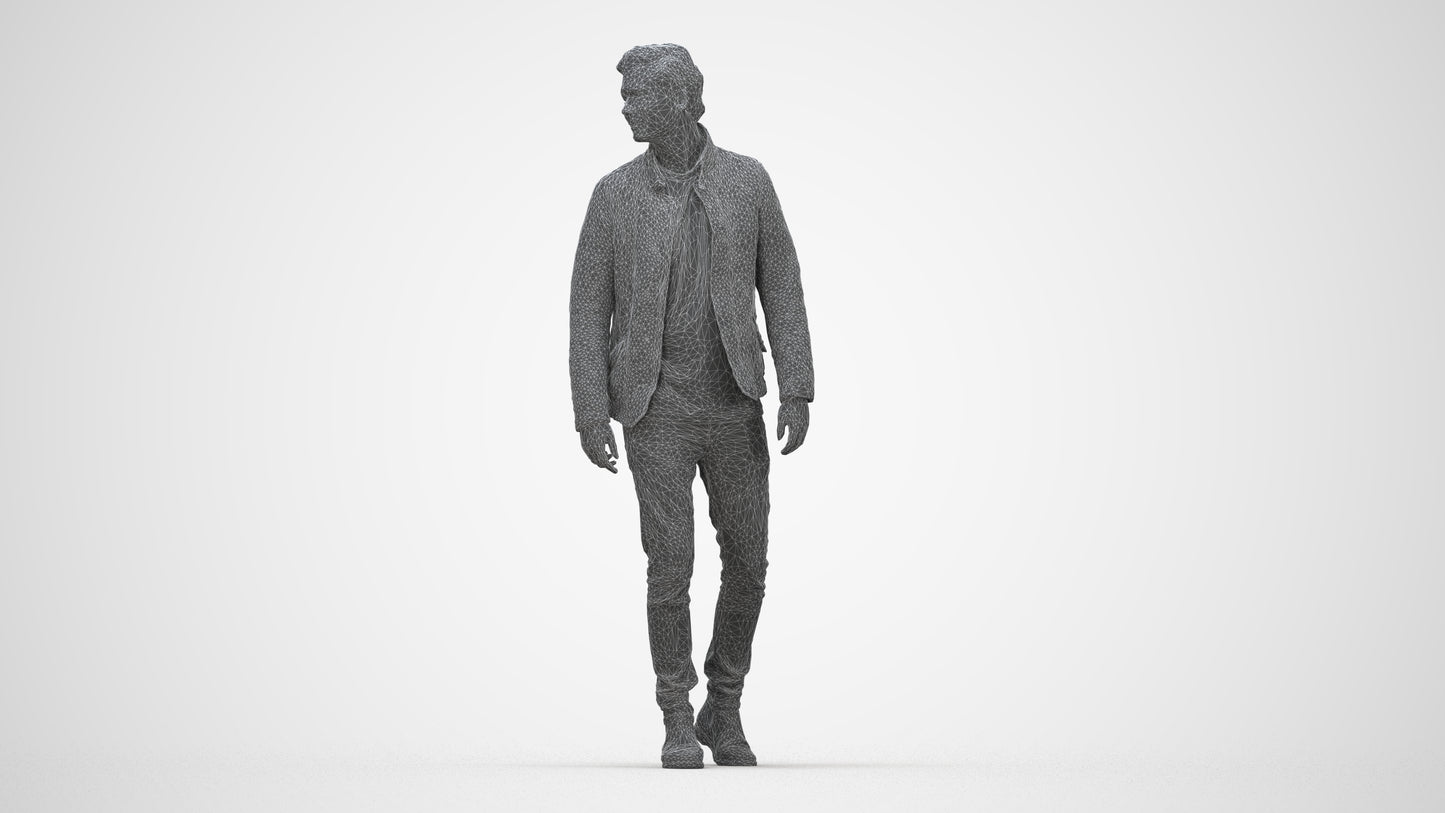 scanned 3D man casual walking, photogrammetry people for Enscape and V-Ray, wireframe back view