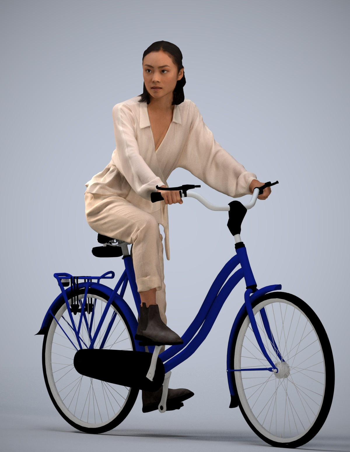 3D human model woman casual cycling, photogrammetry scanned person for archviz