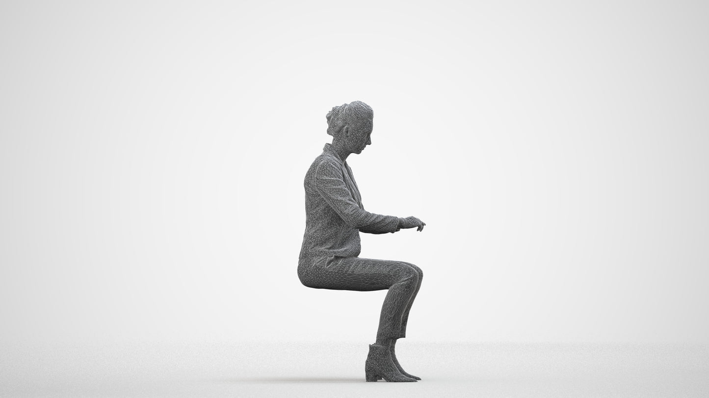 3D human model woman business, photogrammetry scanned person for archviz, wireframe side view