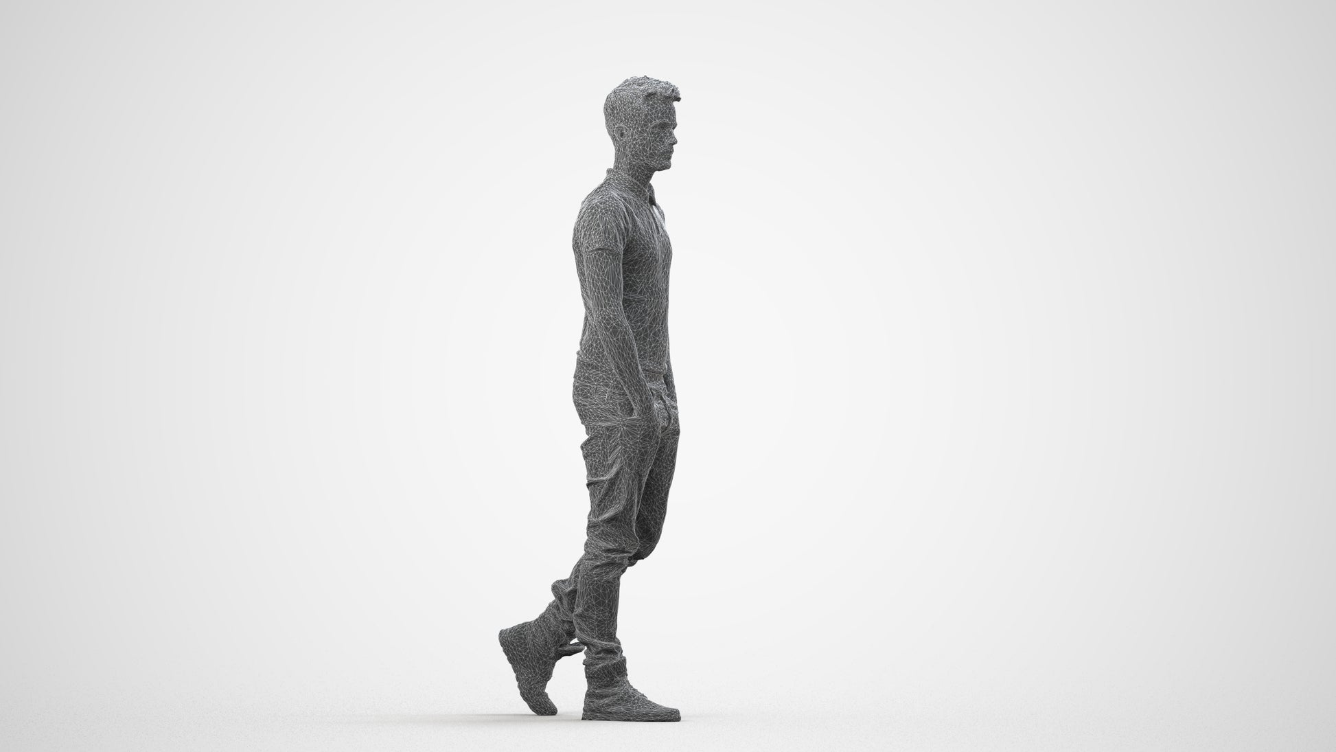 3D people model man casual walking, scanned human for 3ds Max rendering, wireframe side view