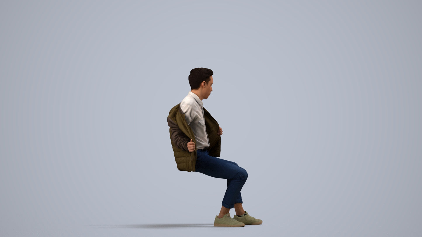 realistic 3D man casual sitting, scanned archviz people for Blender and 3ds Max, side view render