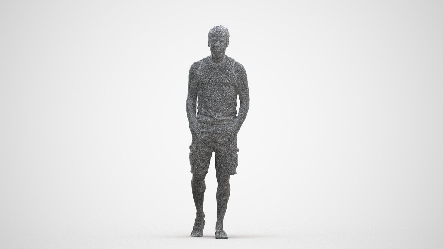3D human model man casual walking, photogrammetry scanned person for archviz, three-quarter front view render