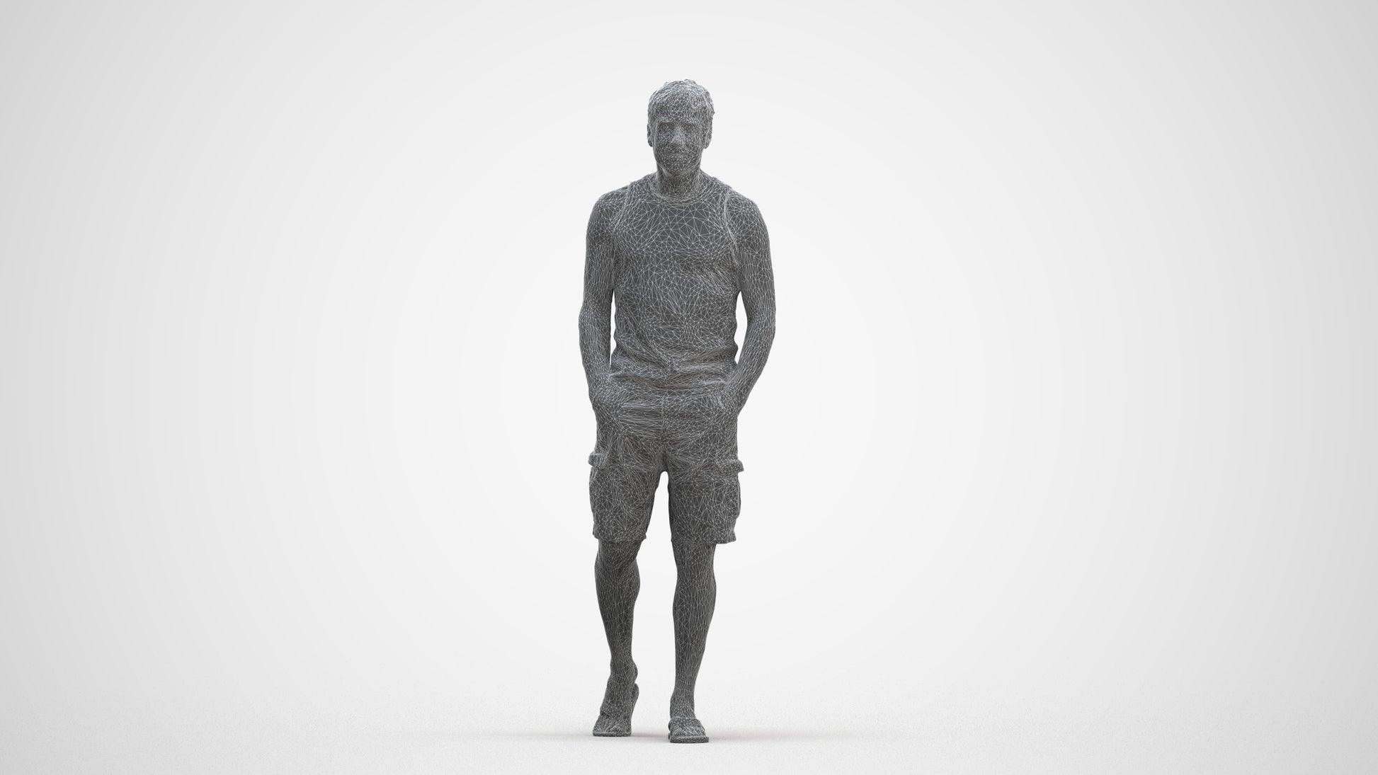 3D human model man casual walking, photogrammetry scanned person for archviz, three-quarter front view render