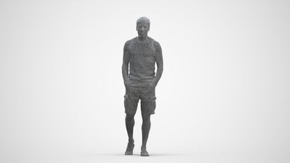 3D human model man casual walking, photogrammetry scanned person for archviz, three-quarter front view render