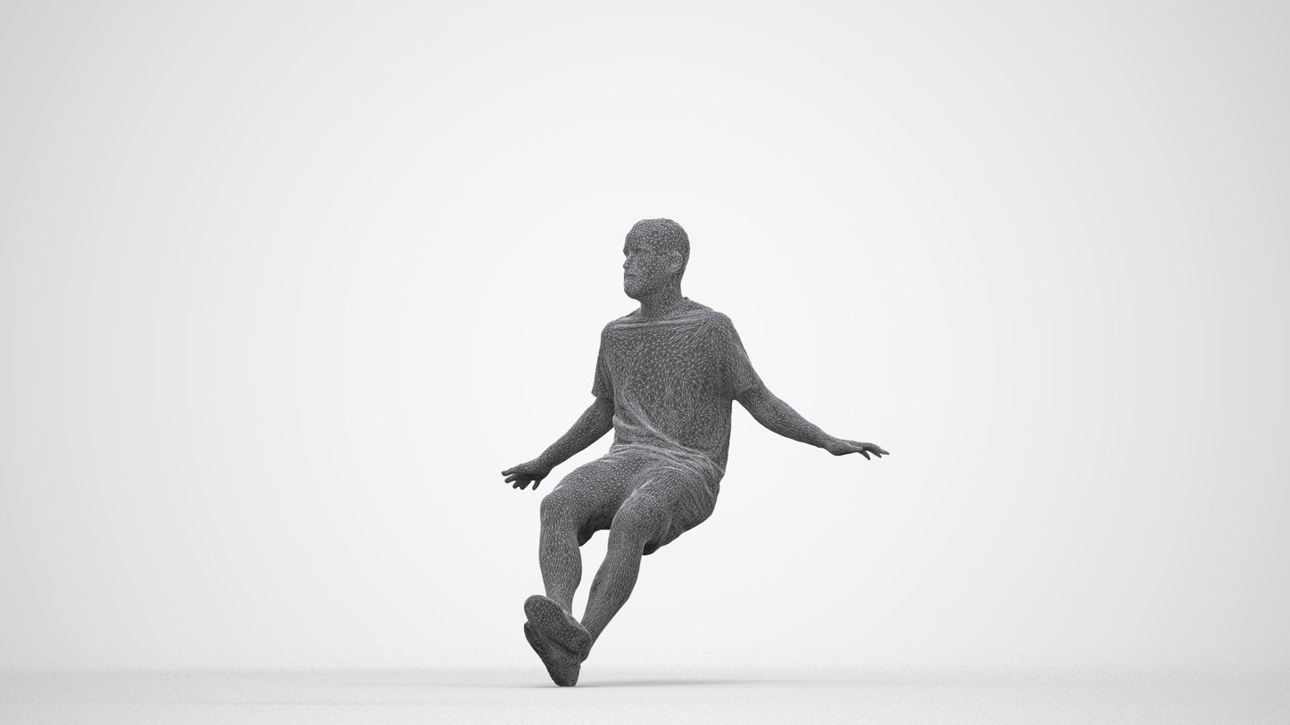 scanned 3D man casual sitting, photogrammetry people for Enscape and V-Ray, wireframe back view