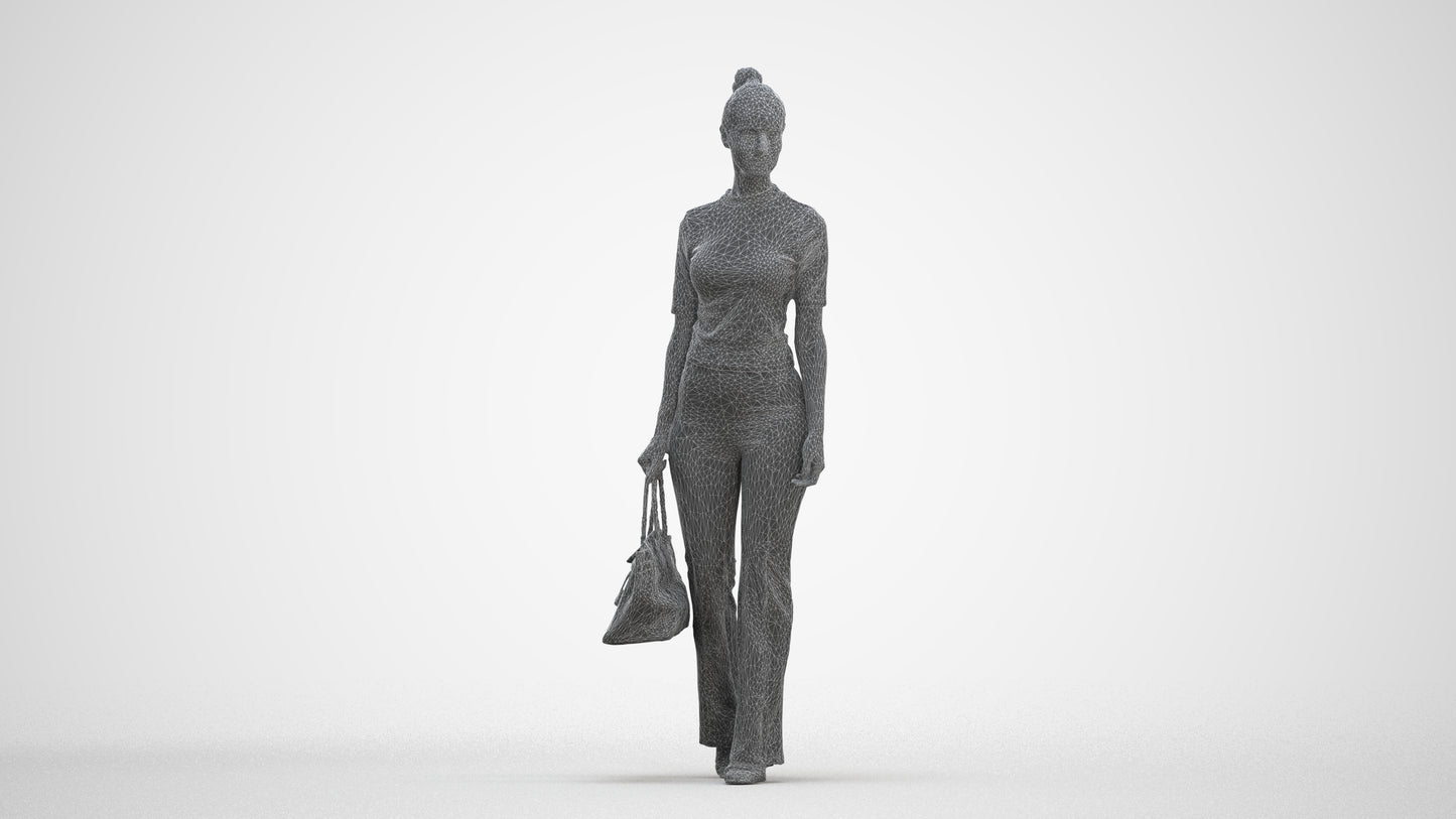 realistic 3D human woman casual walking, archviz people FBX OBJ for Blender, three-quarter front view render