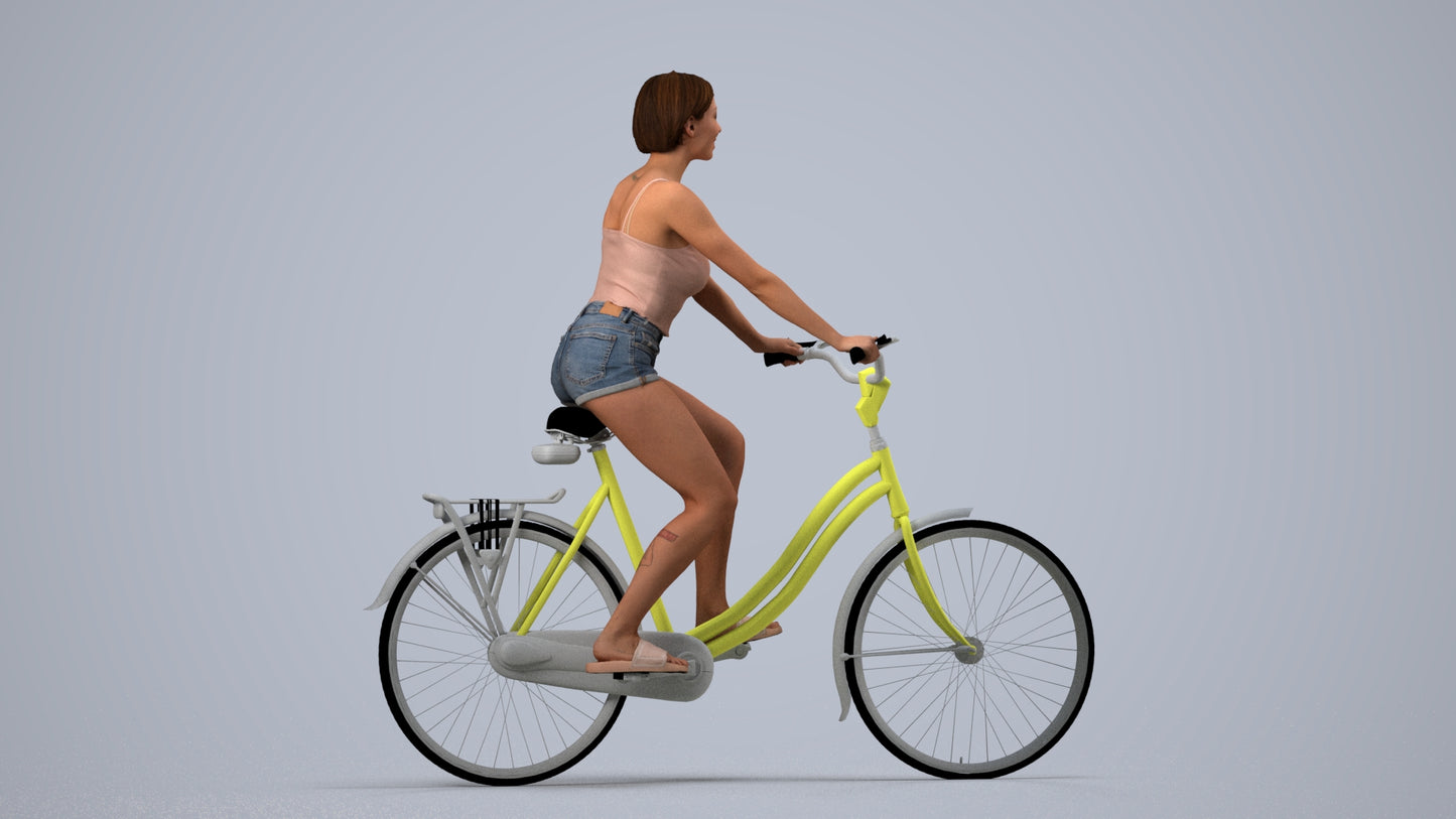 3D human model woman casual cycling, photogrammetry scanned person for archviz, side view render