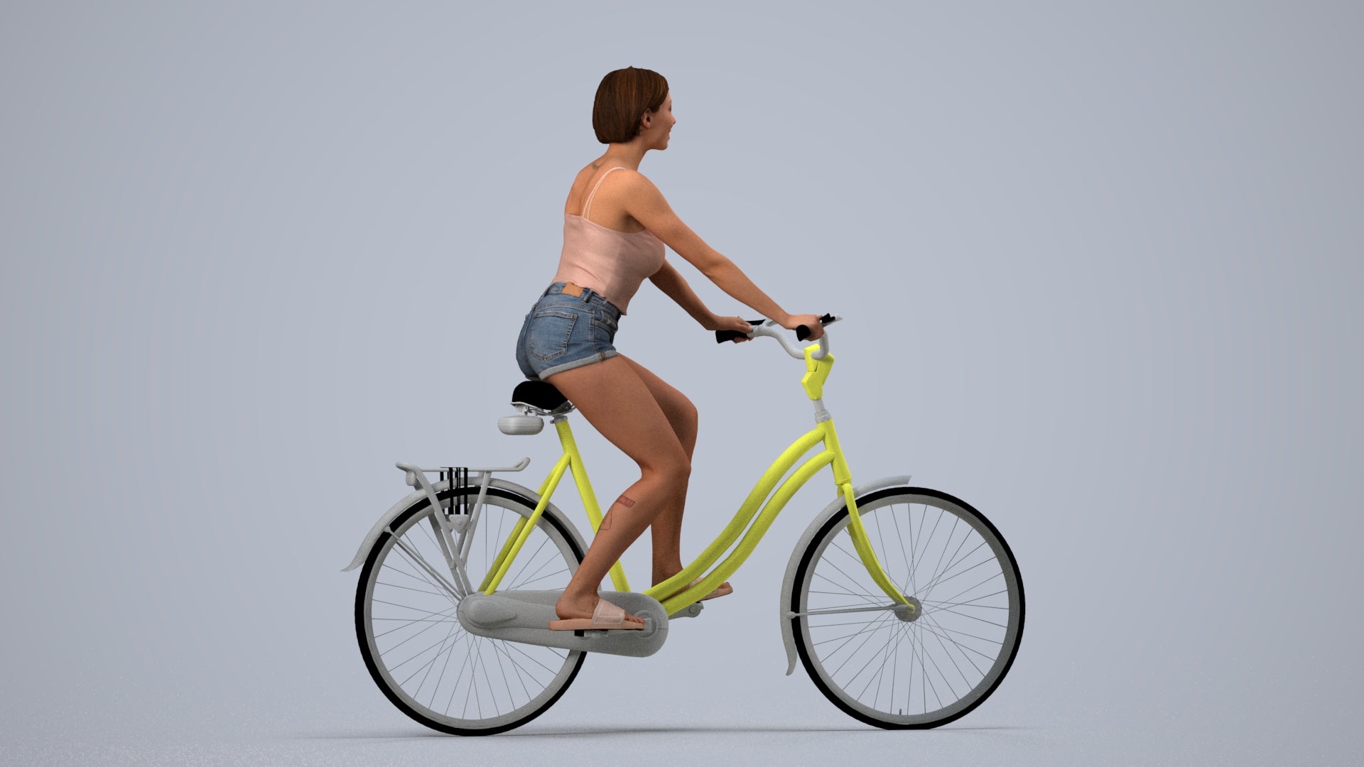 3D human model woman casual cycling, photogrammetry scanned person for archviz, side view render