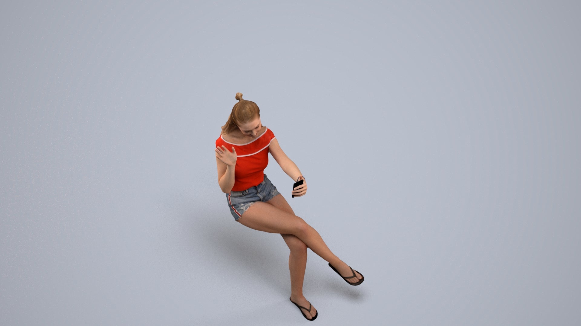 realistic 3D human girl casual sitting, archviz people FBX OBJ for Blender, back view render