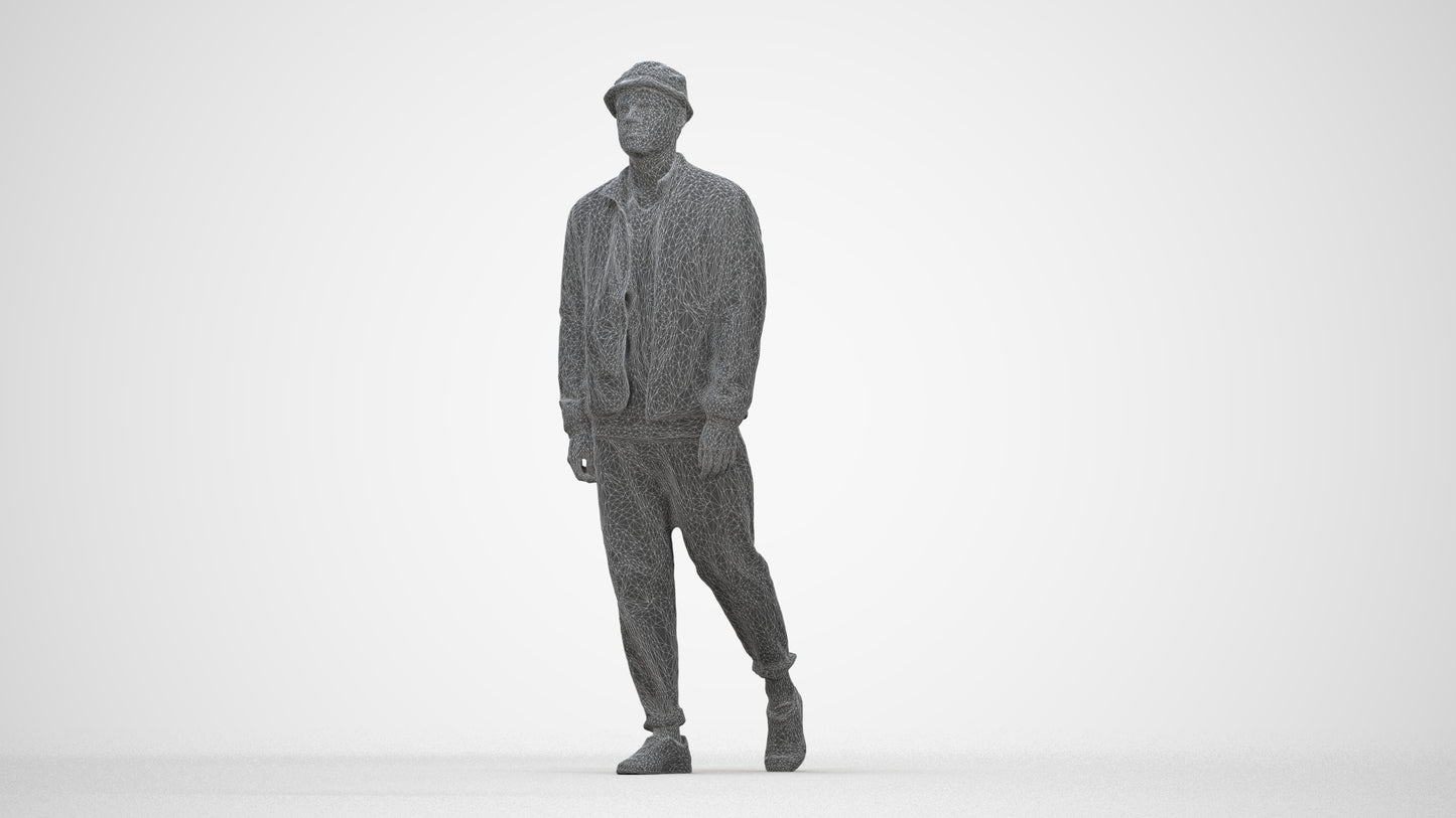 scanned 3D man casual walking, photogrammetry people for Enscape and V-Ray, wireframe back view