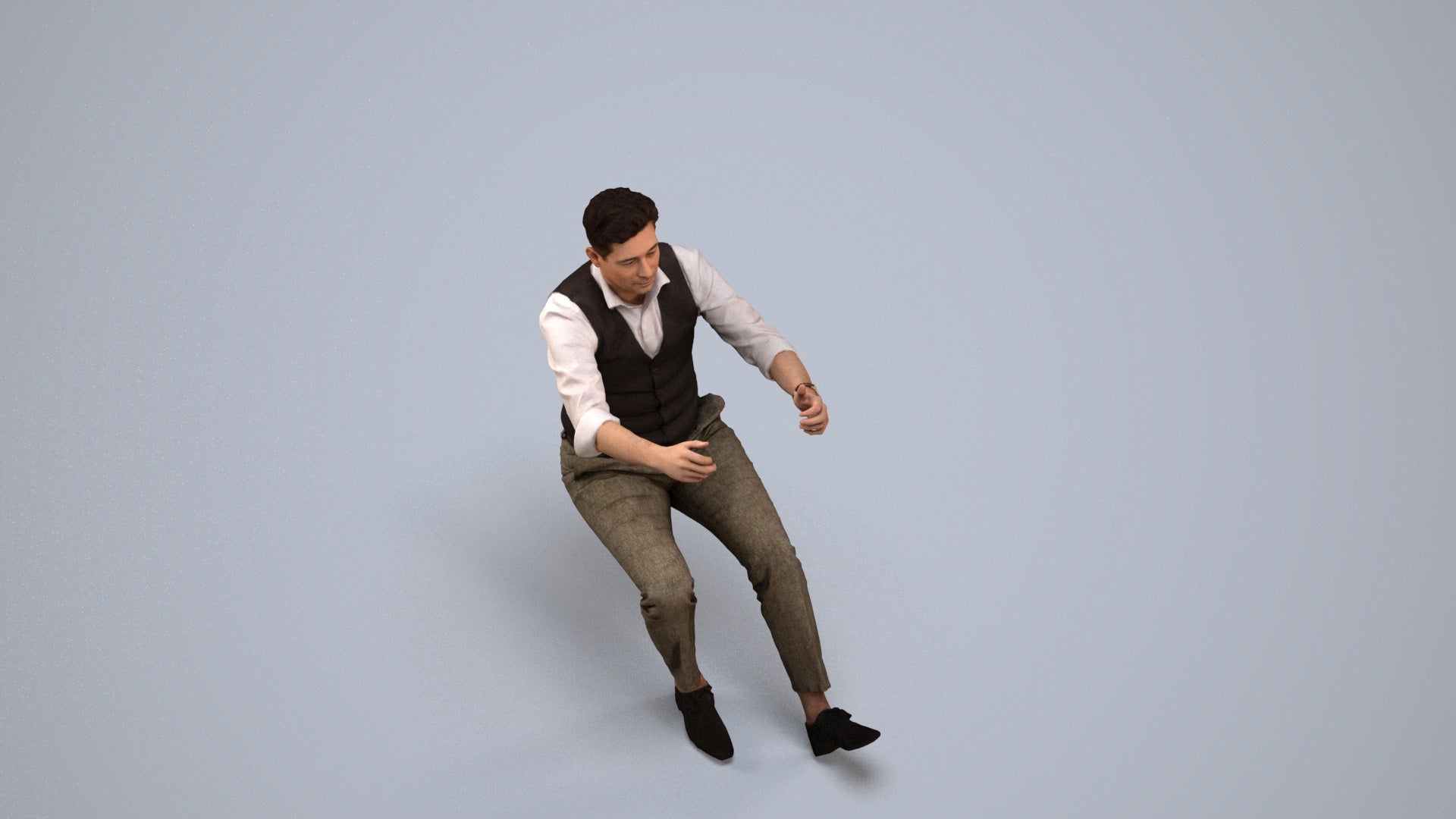3D human model man casual driving, photogrammetry scanned person for archviz, back view render
