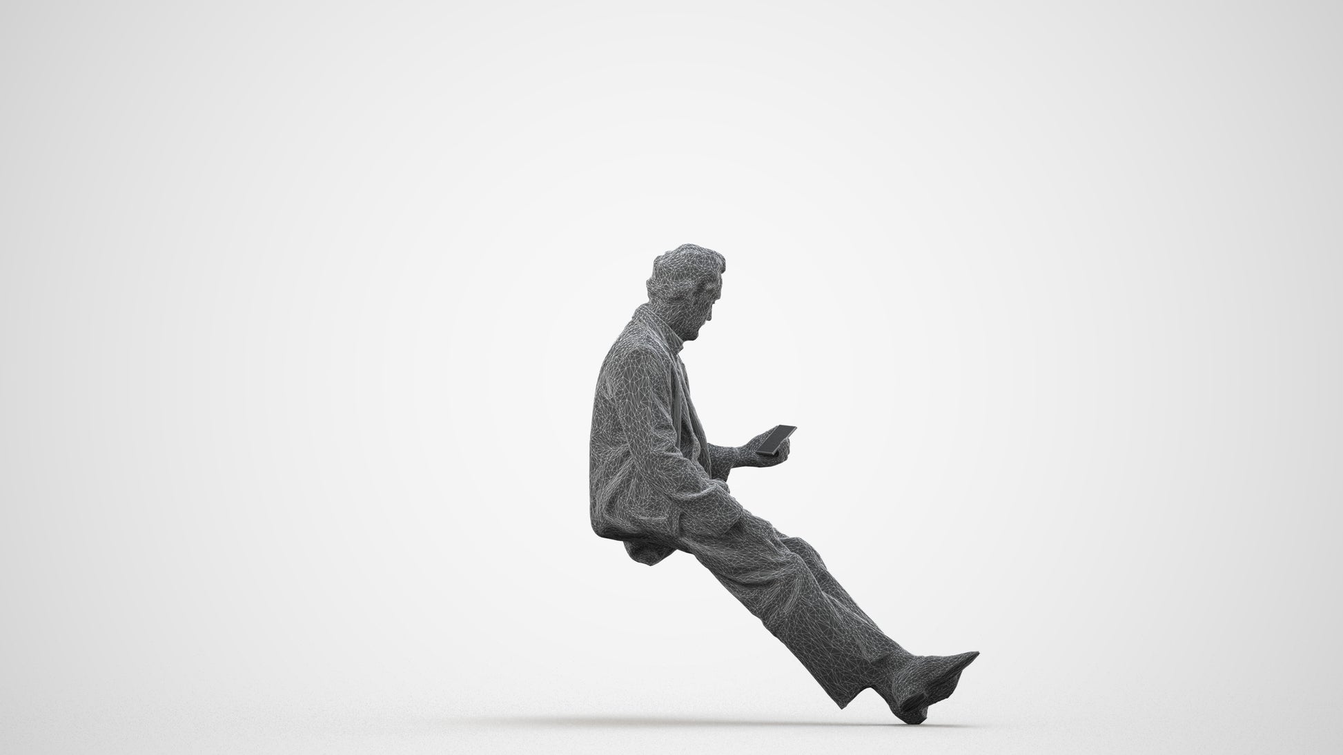 realistic 3D senior man business sitting, scanned archviz people for Blender and 3ds Max, wireframe side view