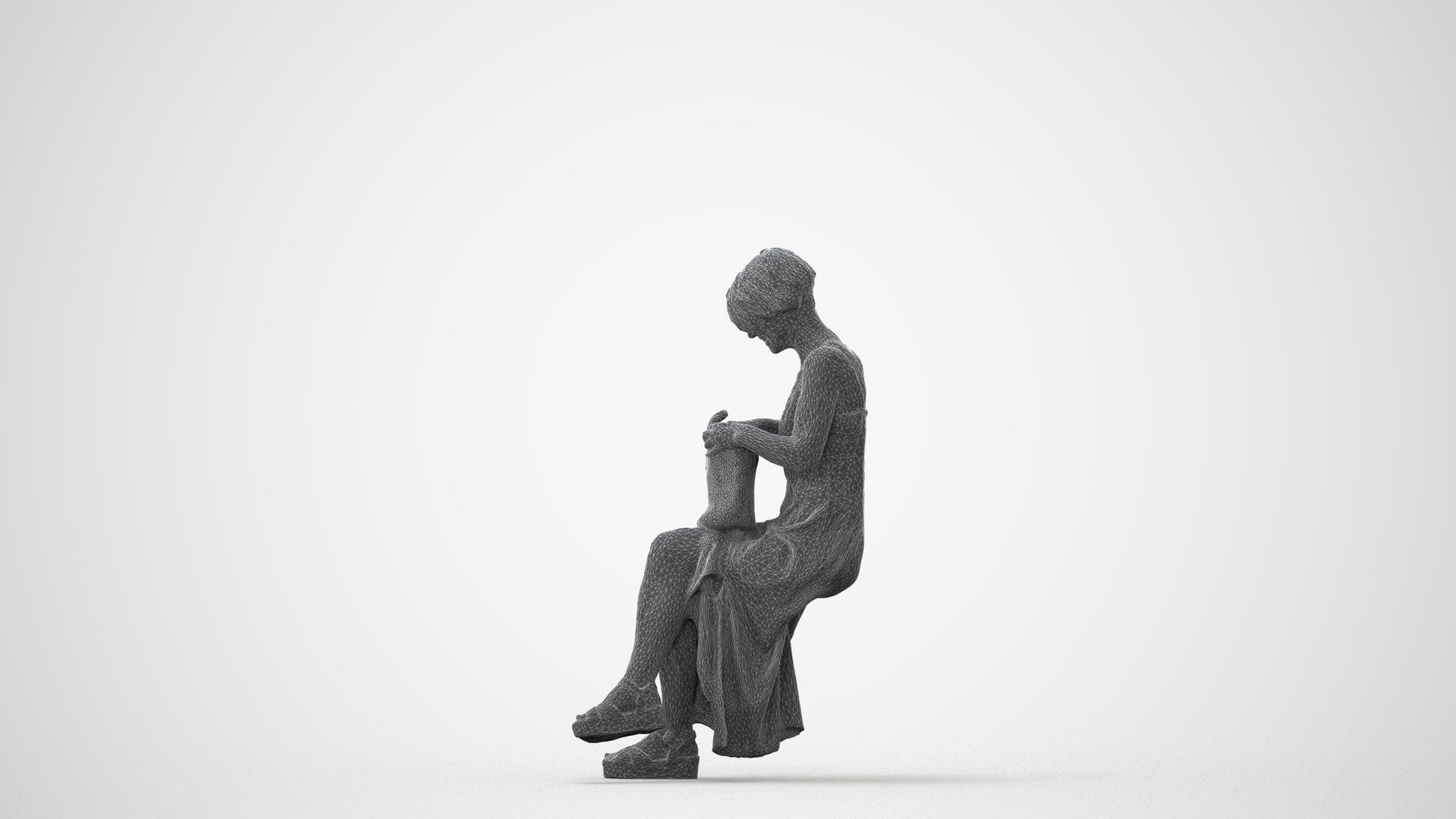 3D human model senior woman sitting, photogrammetry scanned person for archviz, square thumbnail