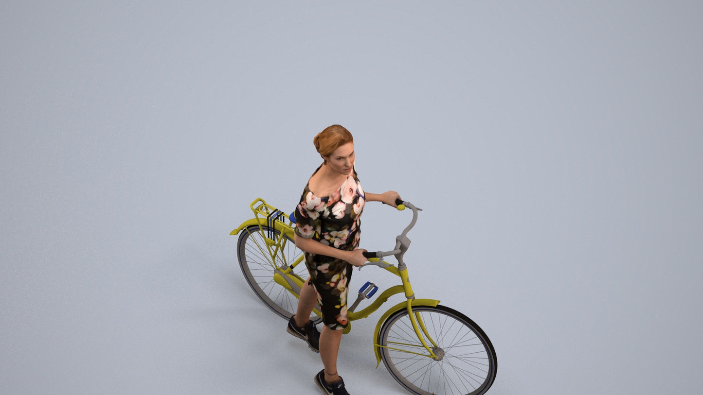 realistic 3D senior woman casual cycling, scanned archviz people for Blender and 3ds Max, back view render