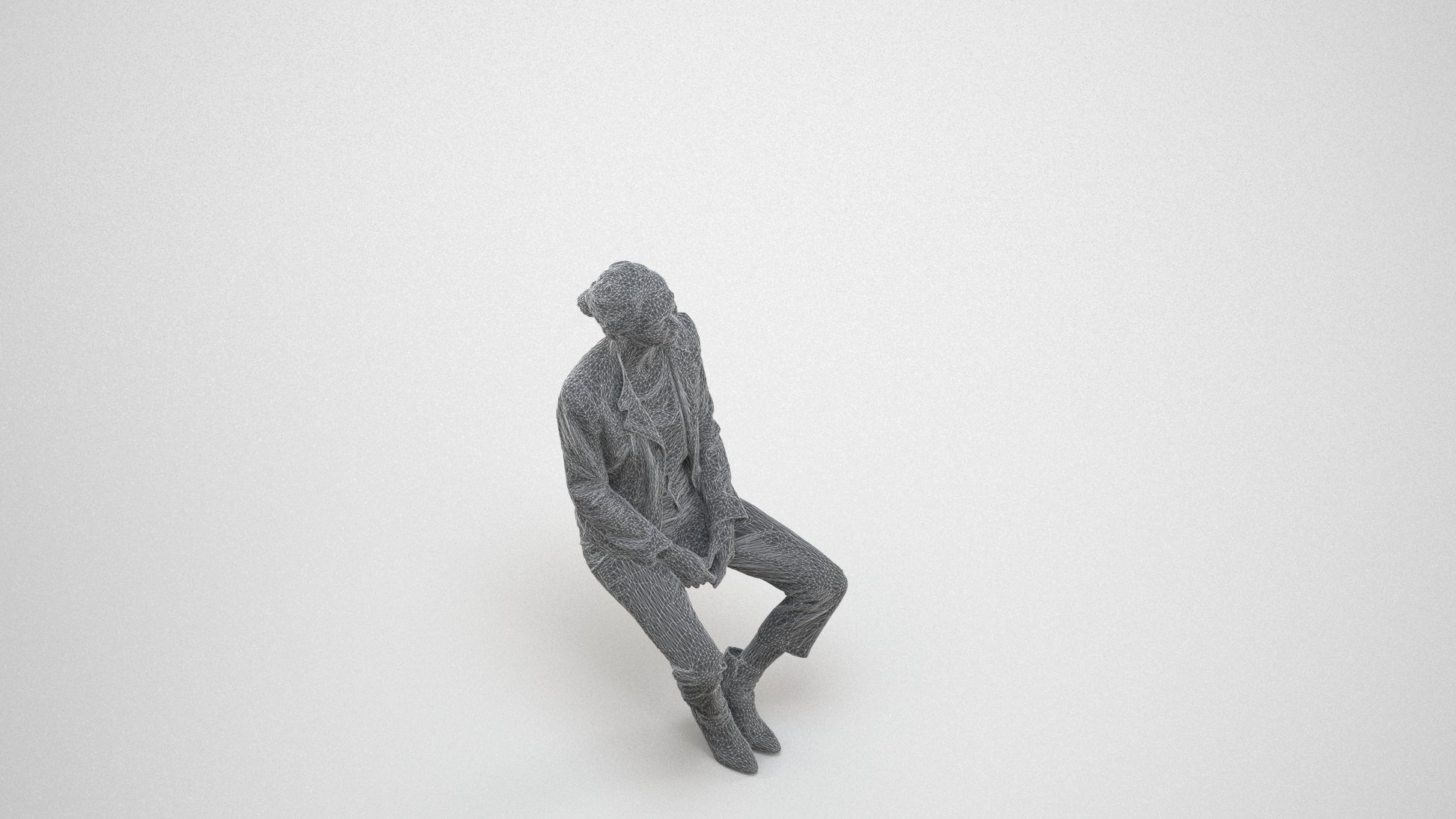 scanned 3D woman casual sitting, photogrammetry people for Enscape and V-Ray, wireframe three-quarter view