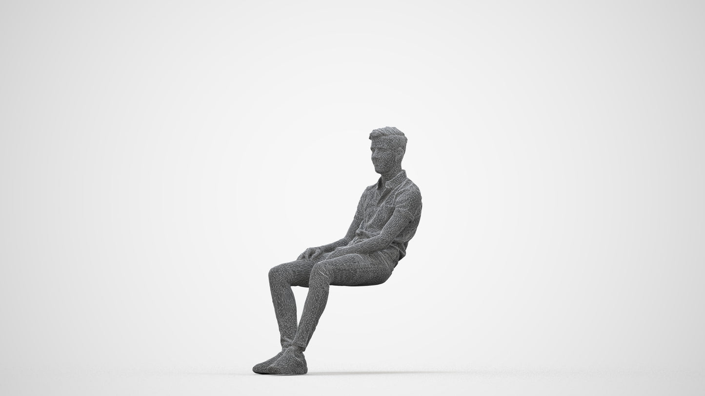 3D scanned man sitting casual, photorealistic archviz people for Enscape and SketchUp, wireframe back view