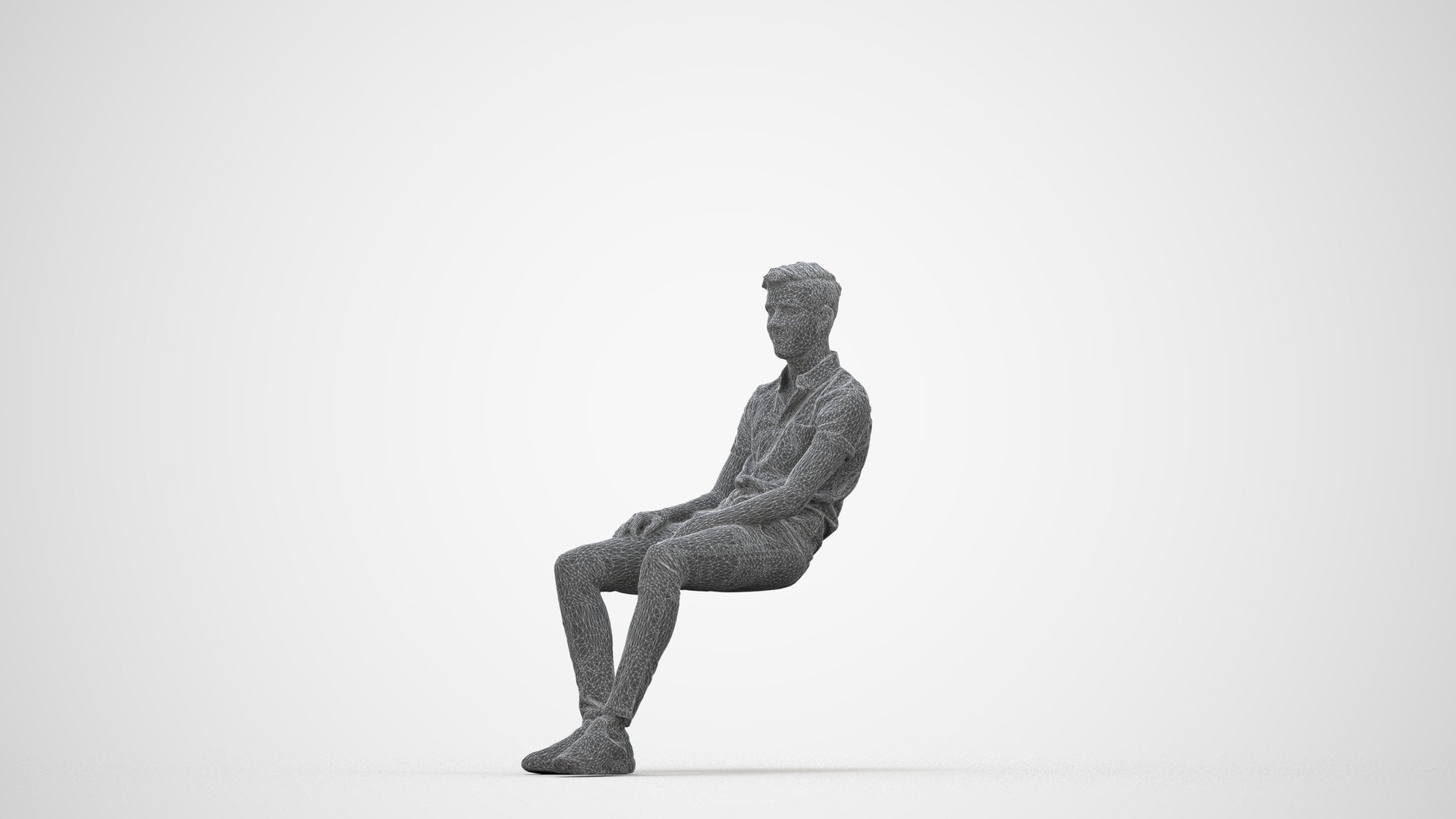 3D scanned man sitting casual, photorealistic archviz people for Enscape and SketchUp, wireframe back view
