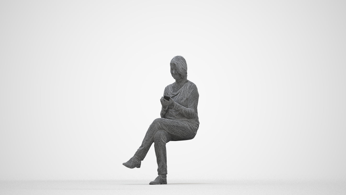 3D people model woman casual sitting, scanned human for 3ds Max rendering, wireframe back view