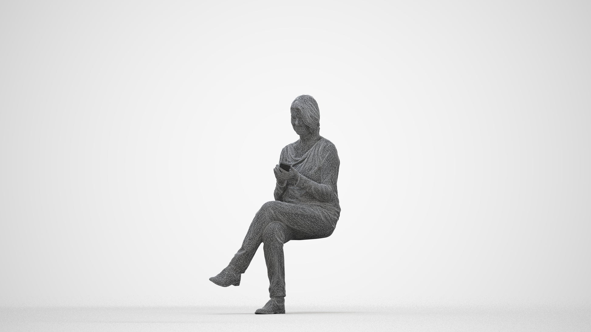 3D people model woman casual sitting, scanned human for 3ds Max rendering, wireframe back view