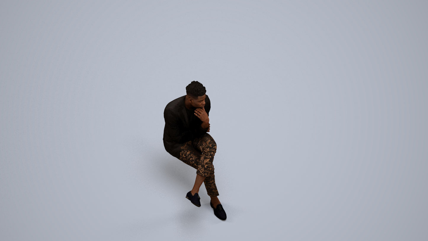 scanned 3D man casual sitting, photogrammetry people for Enscape and V-Ray, back view render