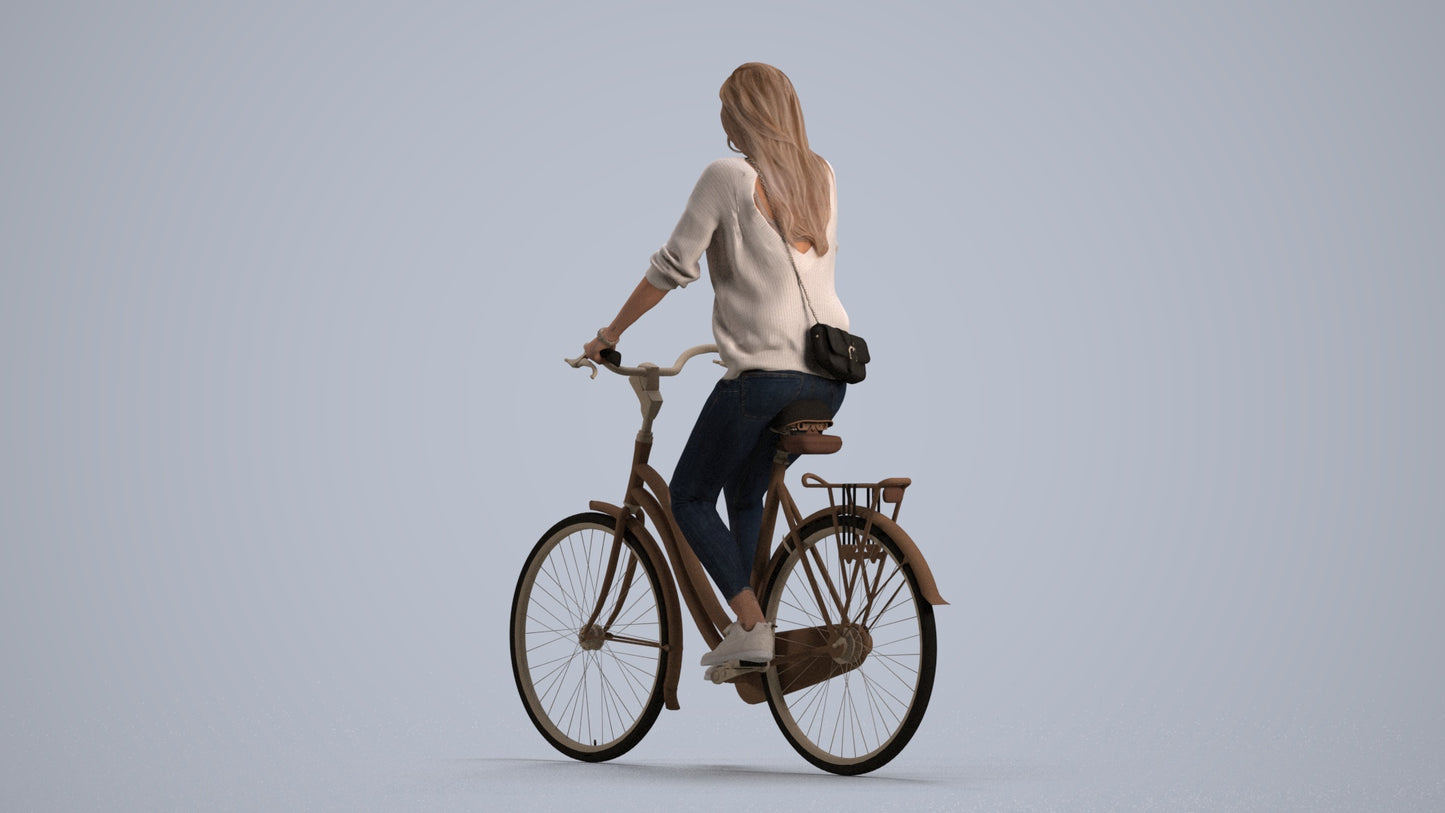 realistic 3D woman casual cycling, scanned archviz people for Blender and 3ds Max, front view render