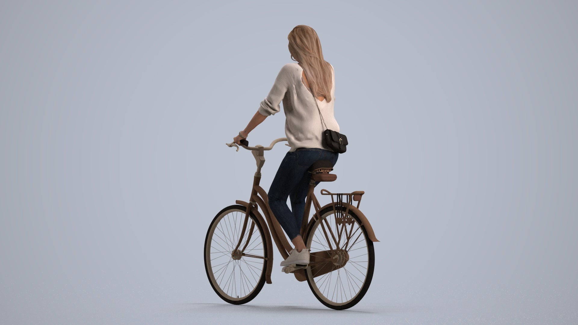 realistic 3D woman casual cycling, scanned archviz people for Blender and 3ds Max, front view render
