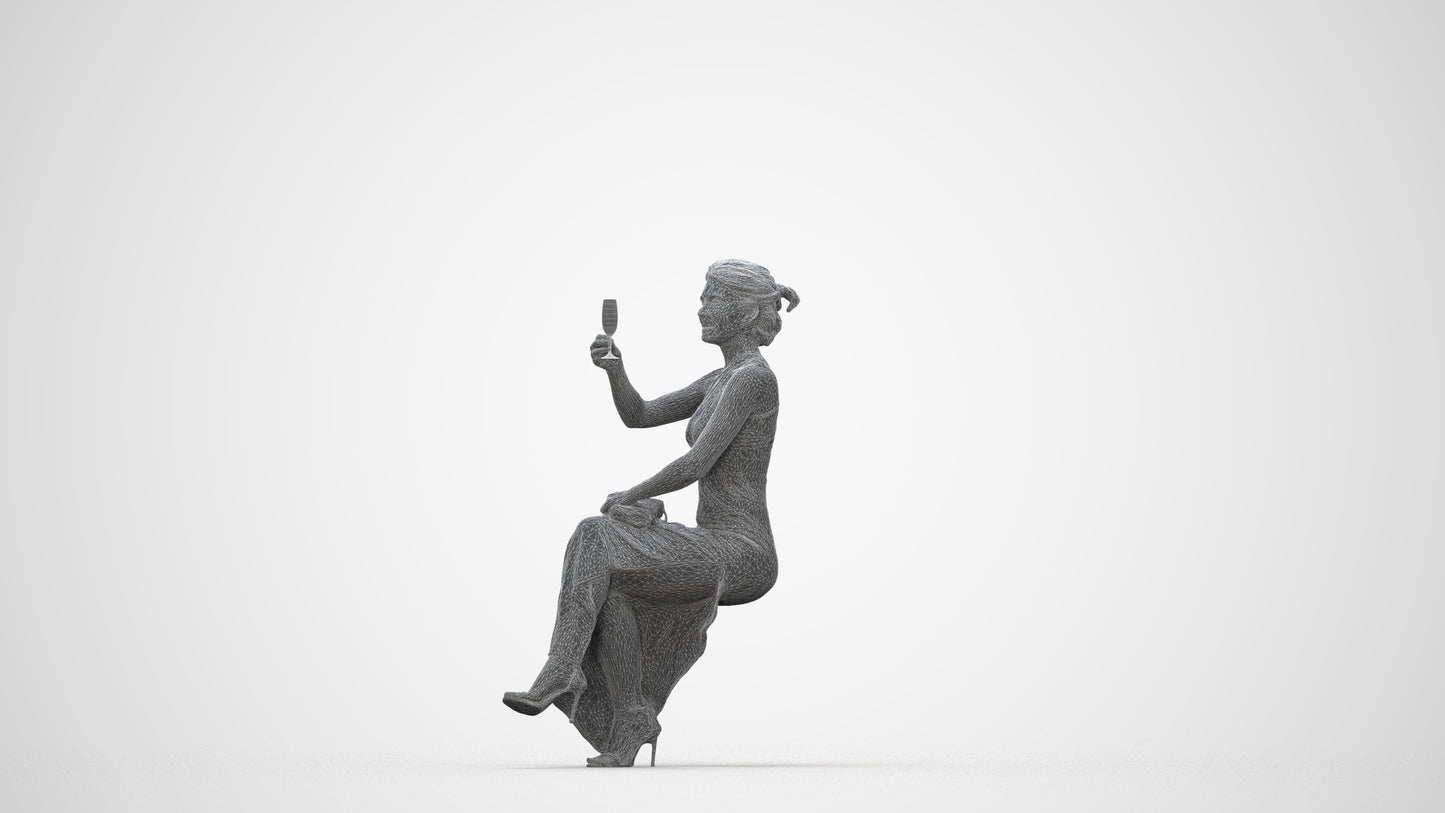 3D people model woman formal sitting, scanned human for 3ds Max rendering, wireframe back view