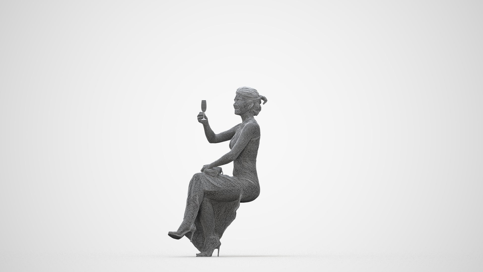 3D people model woman formal sitting, scanned human for 3ds Max rendering, wireframe back view