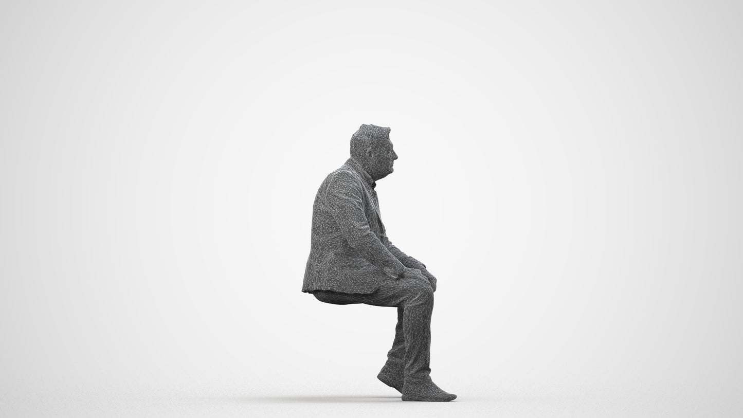 3D human model man business, photogrammetry scanned person for archviz, wireframe side view