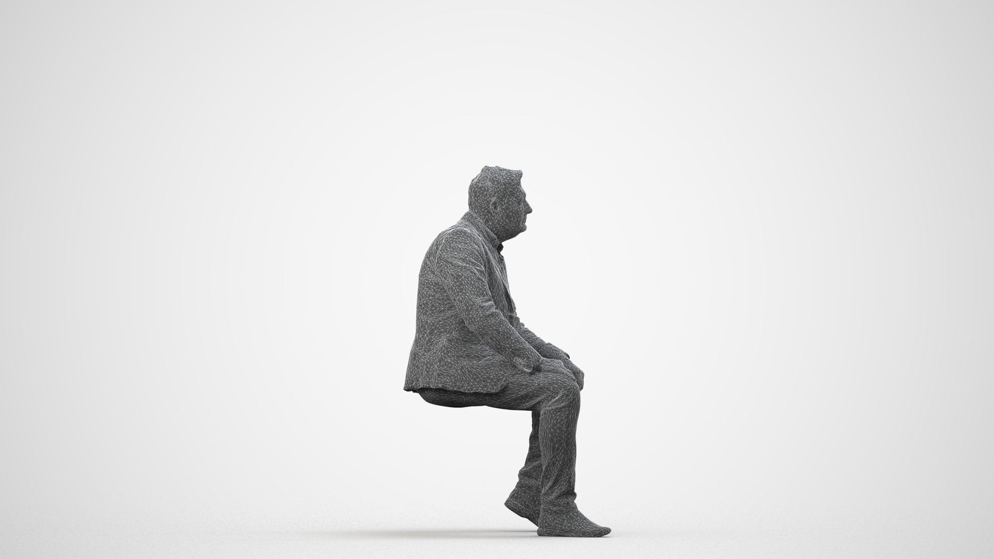 3D human model man business, photogrammetry scanned person for archviz, wireframe side view