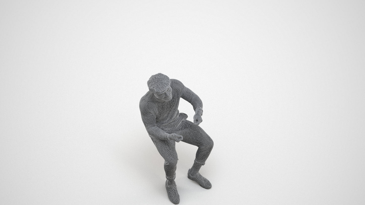 3D scanned man sitting casual, photorealistic archviz people for Enscape and SketchUp, wireframe three-quarter view