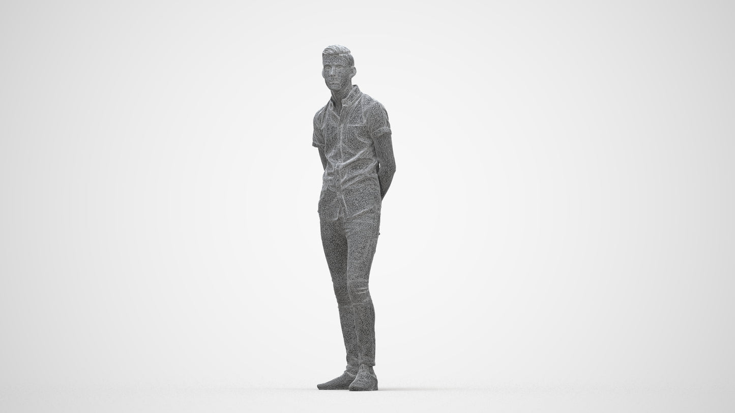 realistic 3D man casual standing, scanned archviz people for Blender and 3ds Max, wireframe back view
