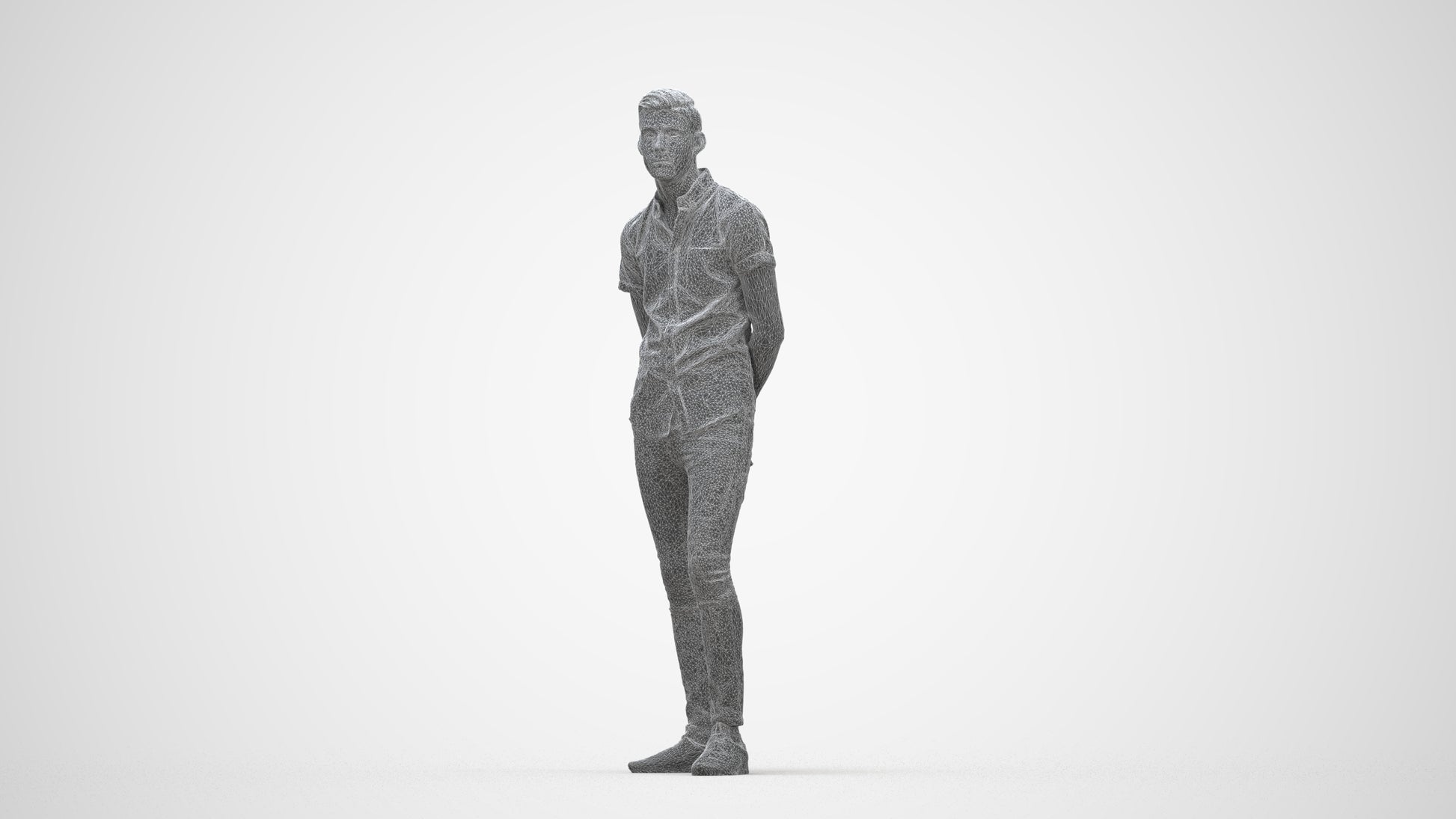 realistic 3D man casual standing, scanned archviz people for Blender and 3ds Max, wireframe back view