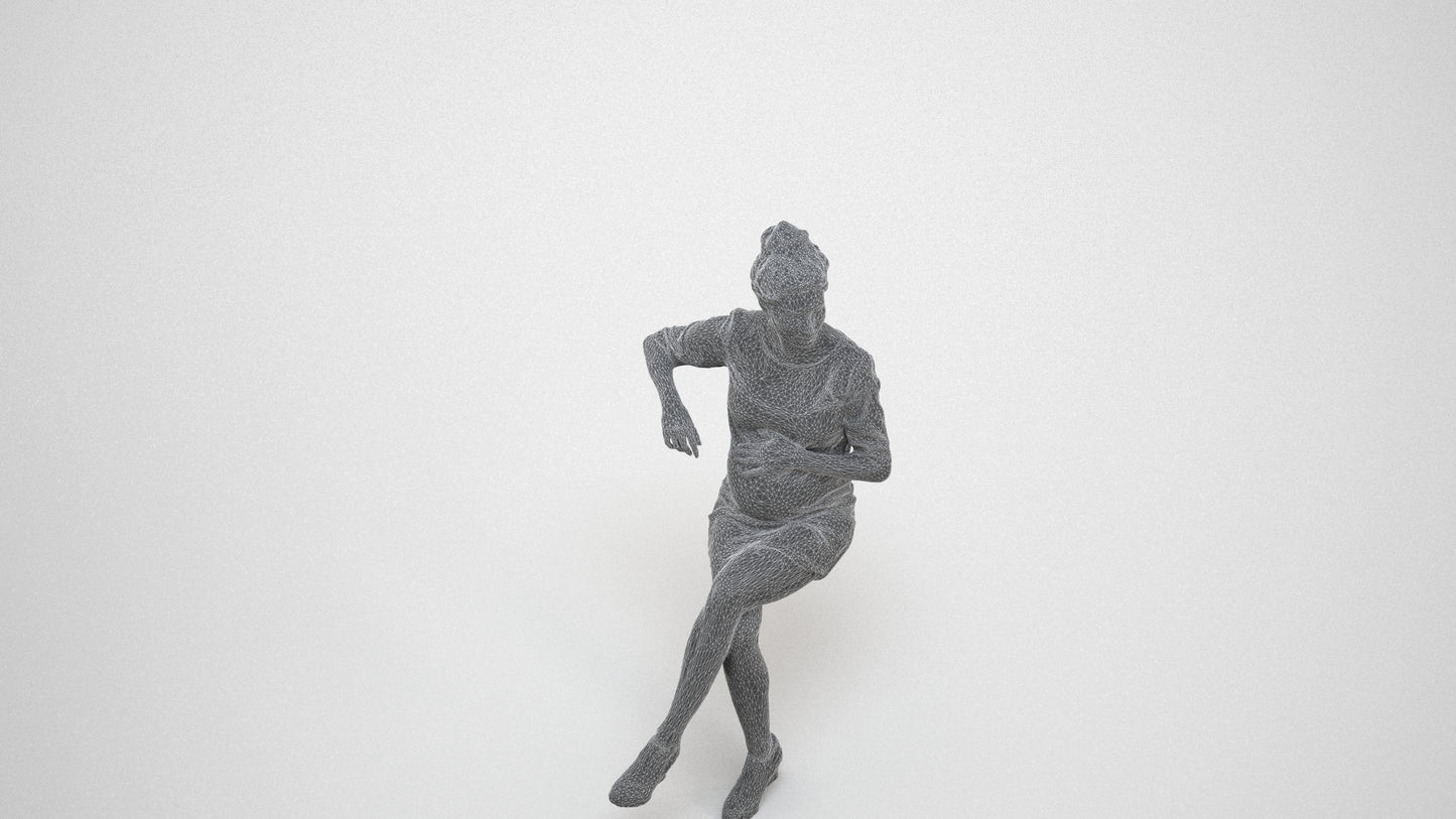 3D scanned woman sitting casual, photorealistic archviz people for Enscape and SketchUp, wireframe three-quarter view