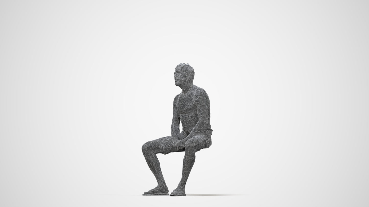 scanned 3D man casual sitting, photogrammetry people for Enscape and V-Ray, wireframe back view