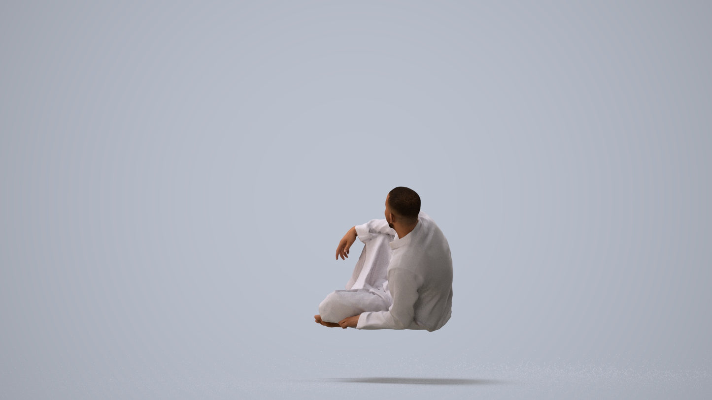 3D people model man casual sitting, scanned human for 3ds Max rendering, three-quarter view render