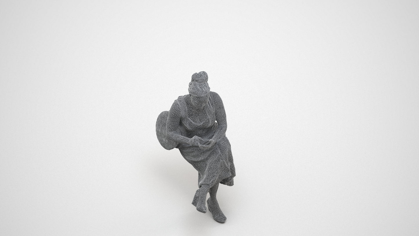 realistic 3D woman casual sitting, scanned archviz people for Blender and 3ds Max, wireframe three-quarter view