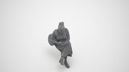 realistic 3D woman casual sitting, scanned archviz people for Blender and 3ds Max, wireframe three-quarter view