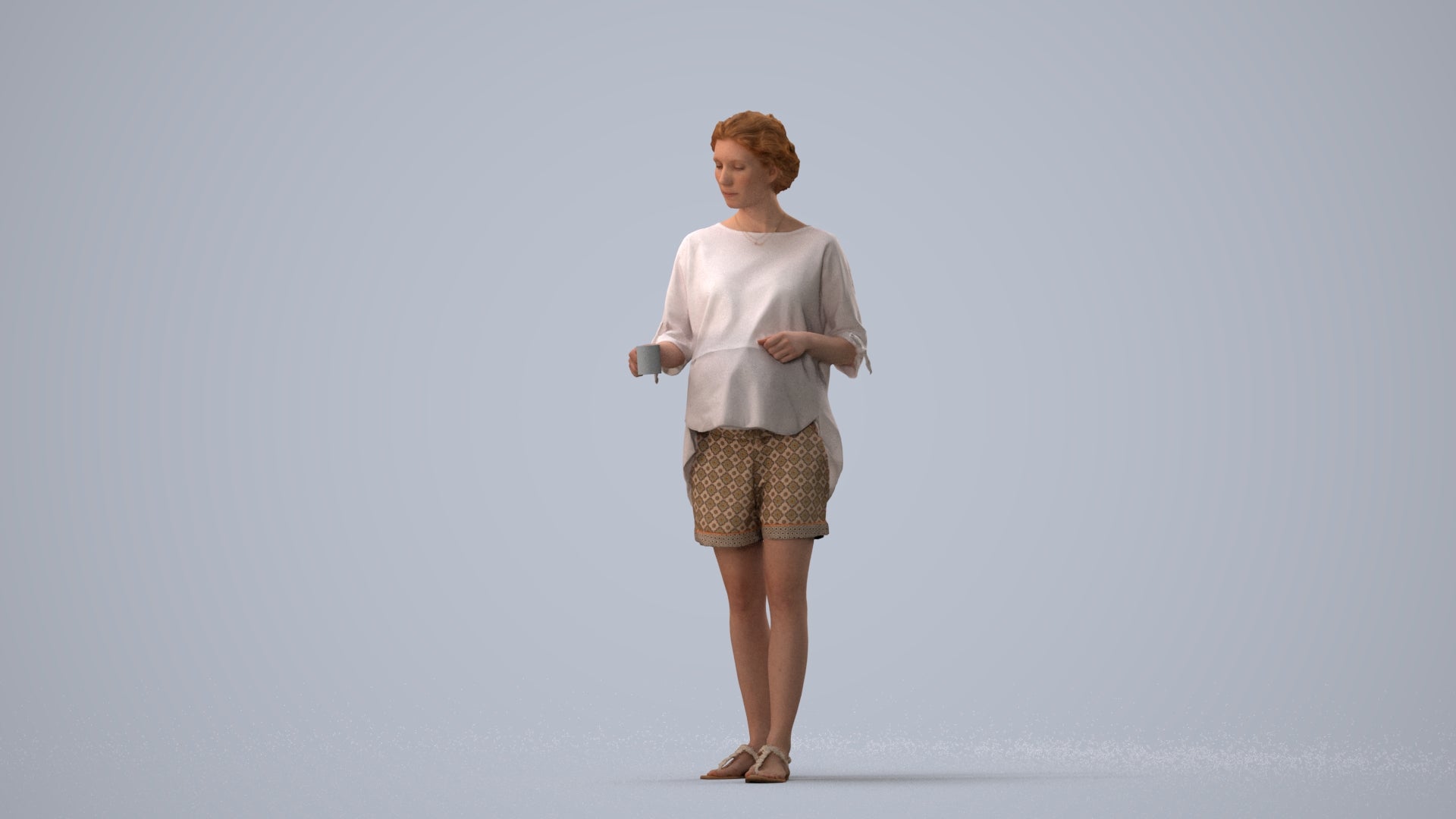 realistic 3D woman casual standing, scanned archviz people for Blender and 3ds Max, three-quarter view render