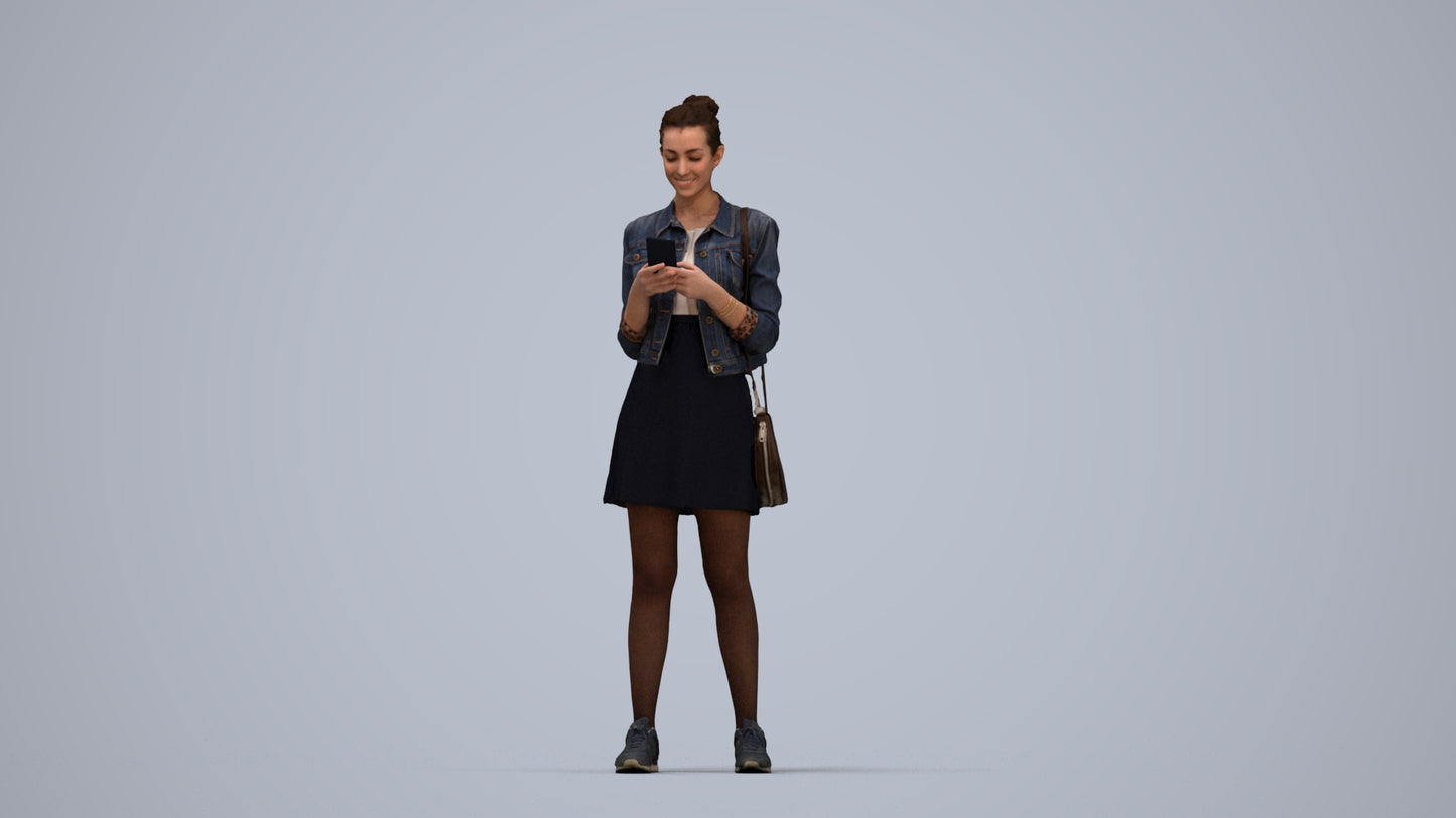 3D human model woman casual standing, photogrammetry scanned person for archviz, top-down view render