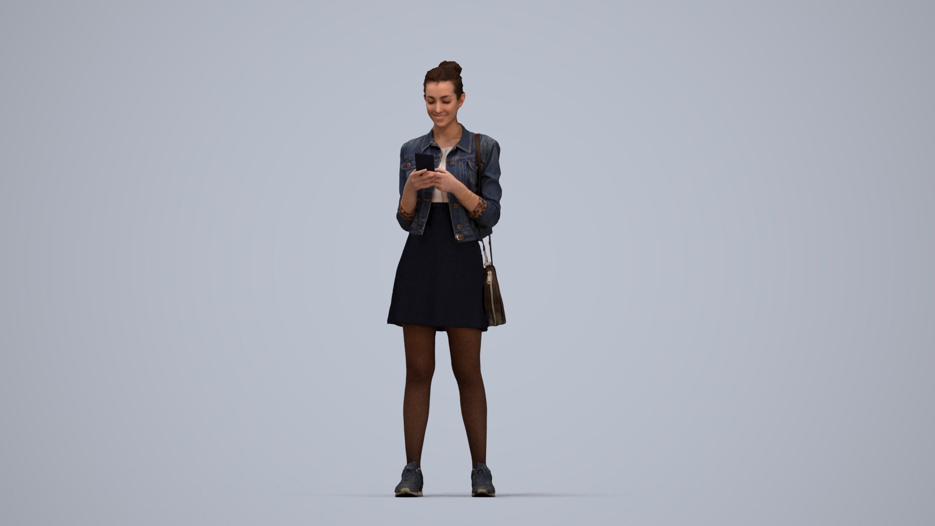 3D human model woman casual standing, photogrammetry scanned person for archviz, top-down view render