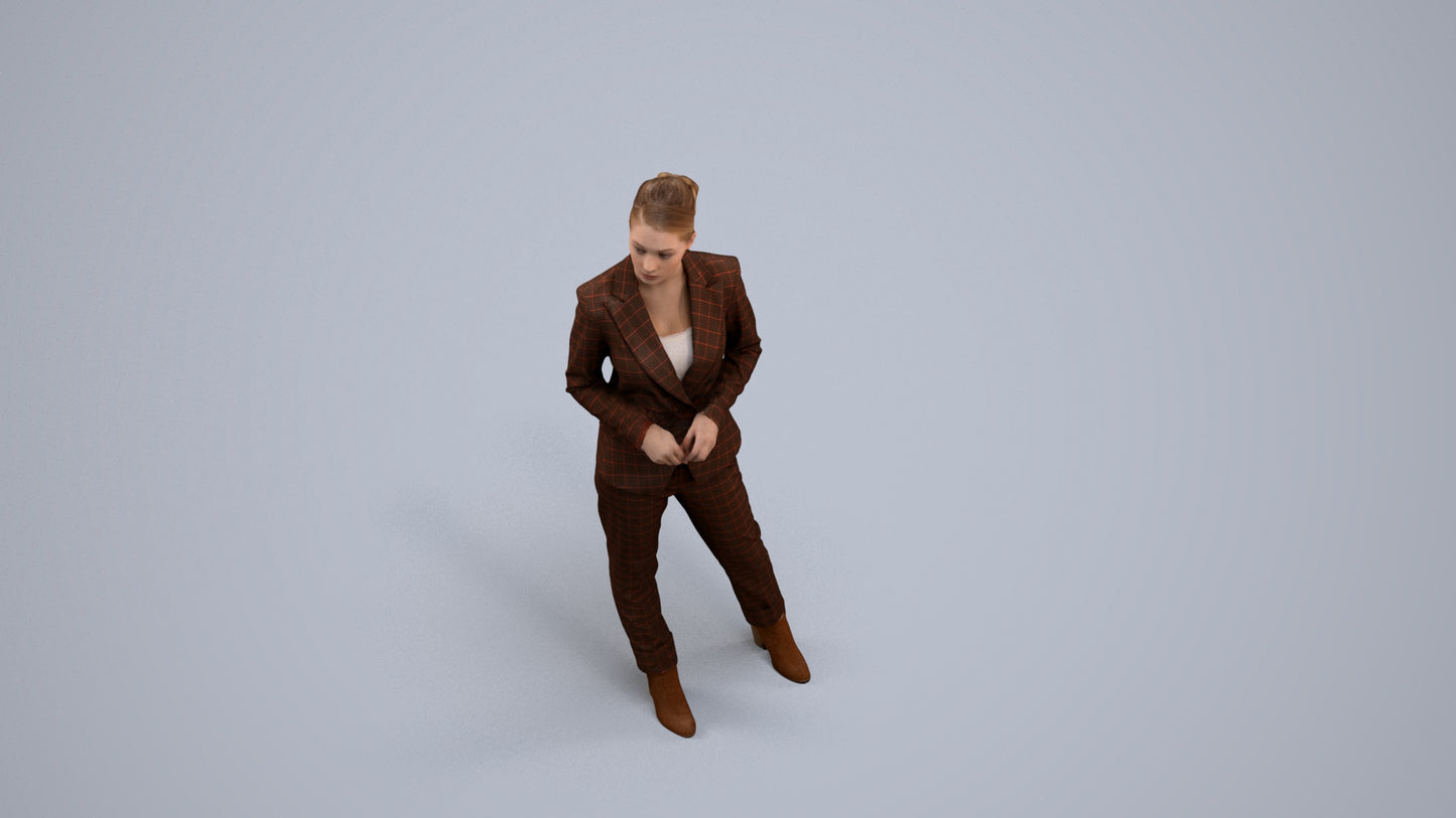 realistic 3D human woman business standing, archviz people FBX OBJ for Blender, back view render